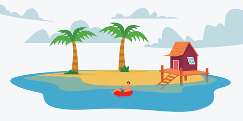 Man working on laptop at private island 2d vector illustration concept for banner, website, illustration, landing page, flyer, etc