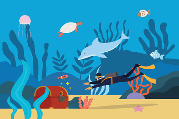 Naklejka na ściany i meble Diver swimming finding treasure box under the sea 2d vector illustration concept for banner, website, illustration, landing page, flyer, etc
