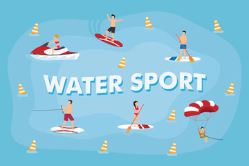 Fototapeta na wymiar Surfing, canoeing, kayaking, Water-skiing sportsman 2d vector illustration concept for banner, website, illustration, landing page, flyer, etc