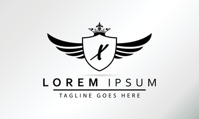 Stylish Black Shield With Wings, Crown And Initial Letter X Isolated On White Background. Luxury Logo Business Vector Template. Modern Design Logotype, Emblem,