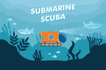 Gordijnen Underwater sea landscape with submarine 2d vector illustration concept for banner, website, illustration, landing page, flyer, etc © Creativa Images