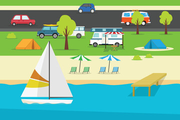 Retro caravan on the beach, summer vacation 2d vector illustration concept for banner, website, illustration, landing page, flyer, etc