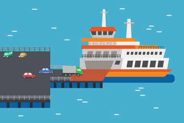 cars and trucks is getting on the ferry to cross the ocean at ferry terminal 2d vector illustration concept for banner, website, illustration, landing page, flyer, etc