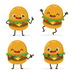 Set of Cute Hamburger Cartoon Food Characters isolated on white.
