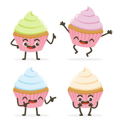 Set of Cute Cupcake Cartoon Food Characters isolated on white.