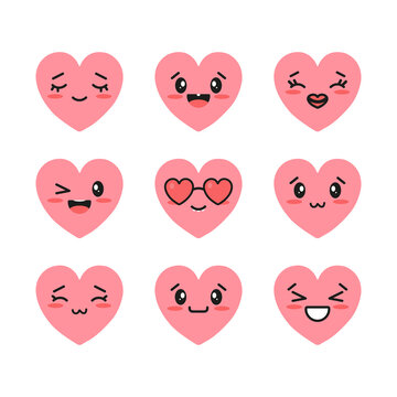 Set of pink Hearts with Kawaii positive Emotions. Isolated Hearts Icons on white background. Vector illustration.