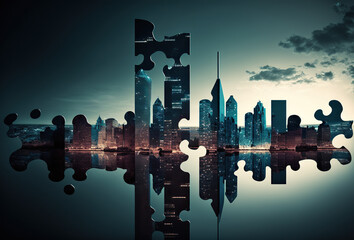 Illustration of a nodern city viewed through a puzzle piece, generative ai ilustration