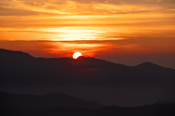 Beautiful Sunrise Over The Mountain Range At Doi Phu Kha National Park Of Thailand.