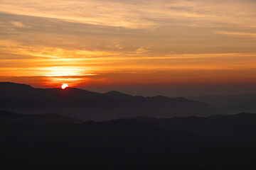 Beautiful Sunrise Over The Mountain Range At Doi Phu Kha National Park Of Thailand.