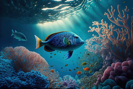illustration of cute yellow tropical fish swimming under water among coral reef	
