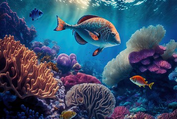illustration of cute yellow tropical fish swimming under water among coral reef	
