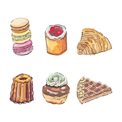 Set of pastries in watercolor style vector illustration