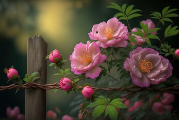close up beautiful pink Chinese rose climb on wooden fence 
