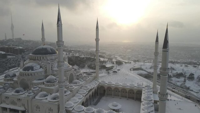 Camlica Mosque in the Winter Season Drone Video, Camlica Hill Uskudar, Istanbul Turkey