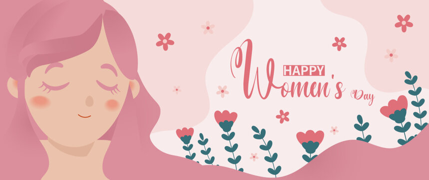 Happy women's day banner in pink color with female profile picture