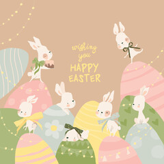 Obraz premium Happy Easter Greeting Card with Cute White Bunnies and Eggs