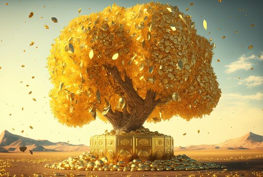 golden gold coin tree has coins as leaves that fall on ground, idea for limitless income, wealth and prosperity, rich and successful business growth