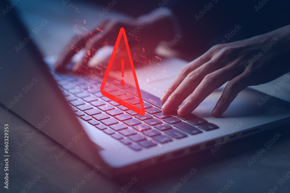 Poster system hacked warning alert on notebook (laptop). cyber attack on computer network, virus, spyware, 