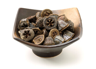 Dried fruits of eucaliptus globulus labill on white background