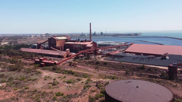 Aerial drone view Port Augusta Whyalla steelworks buildings shipyard ocean Adelaide outback travel tourism mining industry South Australia 4K