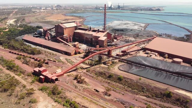 Aerial drone shot of Whyalla Steelworks Port Augusta mining town iron ore Middleback range Adelaide outback industry travel tourism South Australia 4K