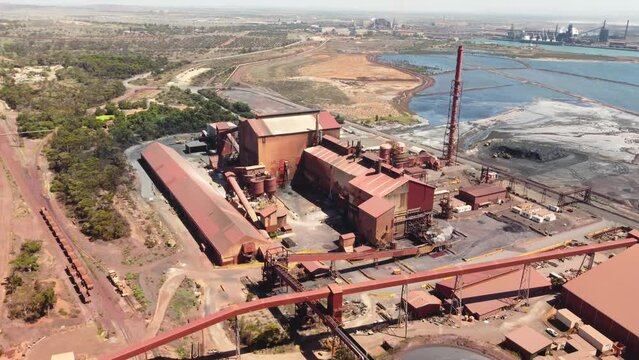 Aerial drone shot Port Augusta Whyalla Steelworks iron ore buildings outback mining town travel industry tourism Adelaide South Australia 4K