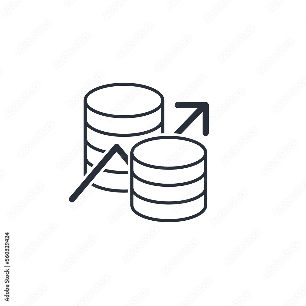 Poster stacks of coins and up arrow. financial trend. vector linear icon isolated on white background.