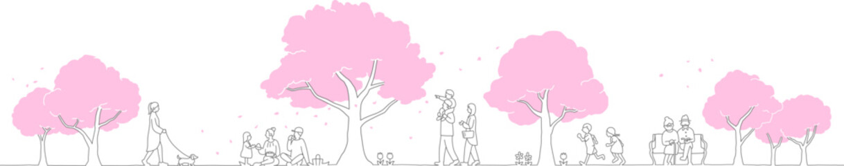 桜の季節の公園で花見をする人々　背景素材