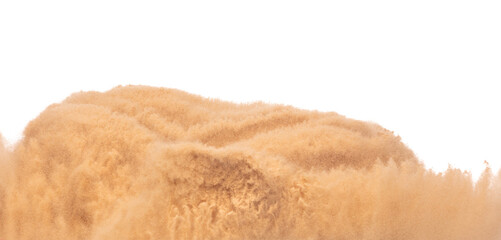 Blur Defocus image of Small Fine Sand flying explosion, Golden grain wave explode blow. Abstract sands cloud. Yellow colored sand splash up in Air. White background Isolated high speed shutter freeze