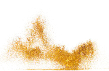 Explosion metallic gold glitter sparkle bokeh isolated white background decoration. Golden Glitter powder spark blink celebrate, blur foil part explode in air, fly throw gold glitters particle shape