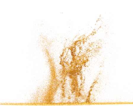 Explosion metallic gold glitter sparkle bokeh isolated white background decoration. Golden Glitter powder spark blink celebrate, blur foil part explode in air, fly throw gold glitters particle shape