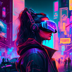 Cyberpunk character wear VR glasses. Generative Ai.