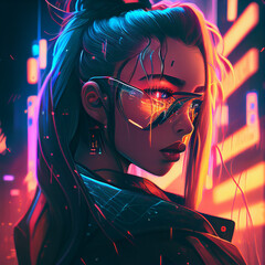 Cyberpunk sci-fi poster. Colorful vector illustration of beautiful girl with neon futuristic lights on background. Generative Ai.