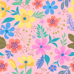 Fototapeta na wymiar Fashionable abstract seamless background with colorful tropical leaves and flowers on a pink background. Vector design. Jungle print. Floral background. Printing and textiles. Exotic tropics. Summer