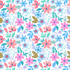 Fashionable abstract seamless background with colorful tropical leaves and flowers on a light pink background. Vector design. Jungle print. Floral background. Printing and textiles. Exotic tropics.