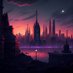 City skyline at night cyberpunk urban city. Generative Ai.