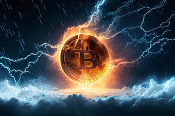 Golden bitcoin coin in fire flame, water splashes and lightning