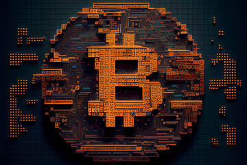 3d render - pixelated bitcoin symbol made from cubes