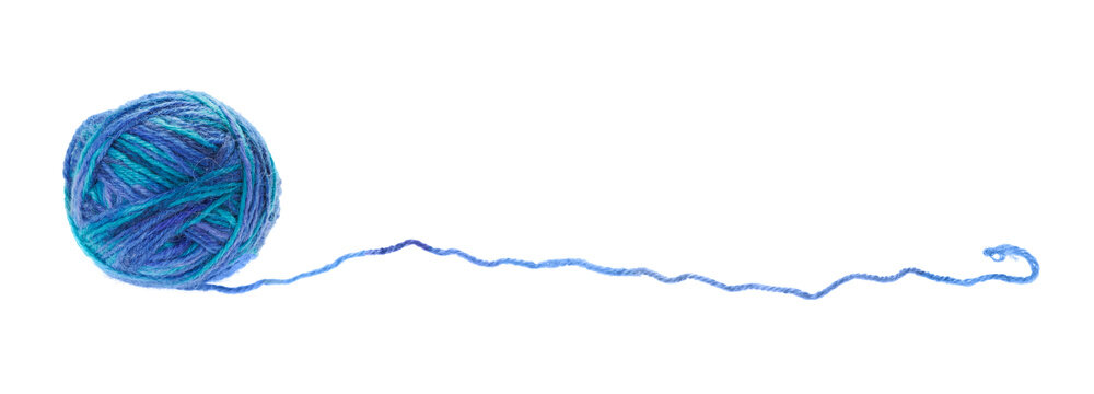 A ball of blue melange woolen threads, isolated on a white background. Side view.