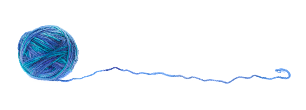 A ball of blue melange woolen threads, isolated on a white background. Side view.