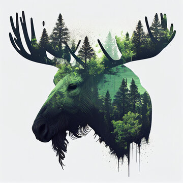 Double Exposure Of A Wild Moose And A Pine Forest. Generative Ai.