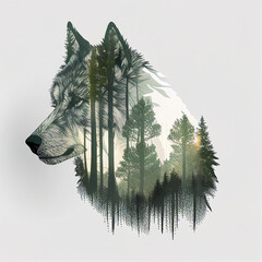 Double exposure of a wild wolf and a pine forest. Generative Ai.