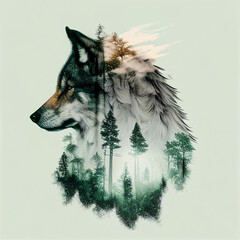 Double exposure of a wild wolf and a pine forest. Generative Ai.