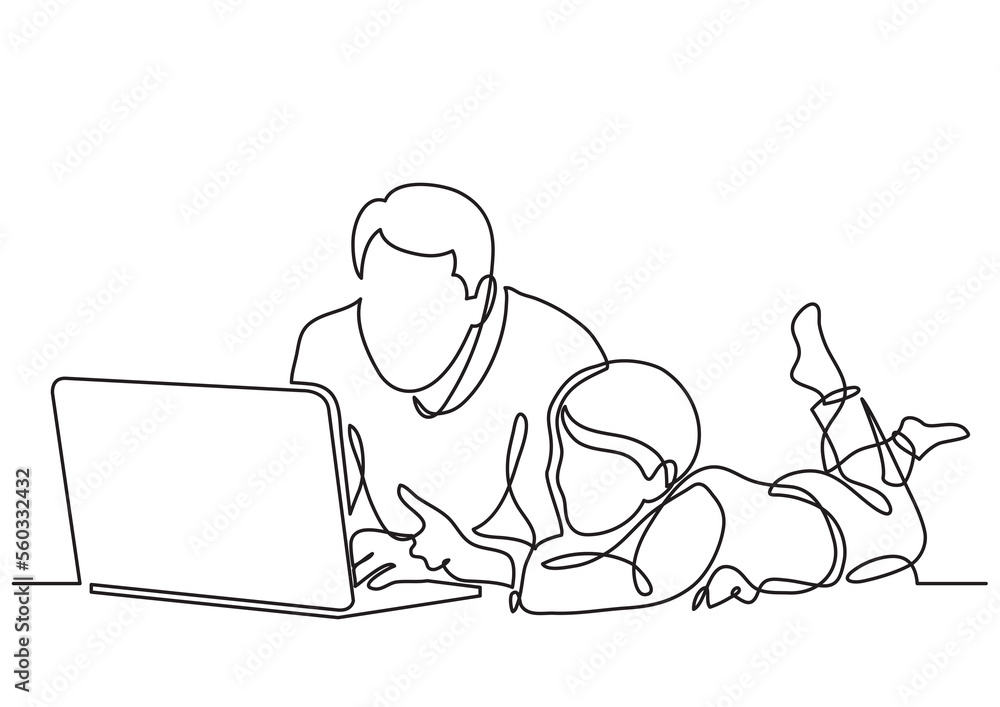 Poster continuous line drawing father and child watching laptop computer - png image with transparent backg