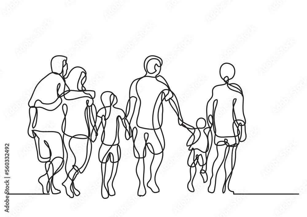 Poster continuous line drawing happy extended family walking - png image with transparent background