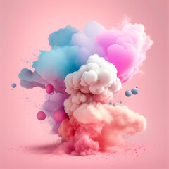 Fototapeta premium Ink explosion, vivid colors, colorful smoke and dust on a pastel pink background. Minimal shape of colorful dense clouds. Illustration, Generative AI.