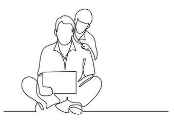 continuous line drawing father and son watching tablet - PNG image with transparent background