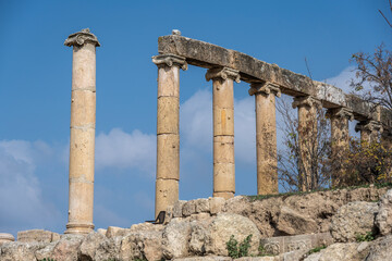 picturesque ruins of an ancient Greek city near the city of Jerash in Jordan on a sunny day