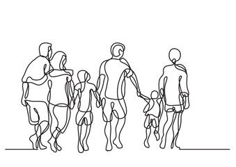 continuous line drawing happy extended family walking - PNG image with transparent background - obrazy, fototapety, plakaty