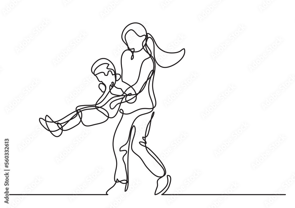 Poster continuous line drawing mother playing with son - png image with transparent background